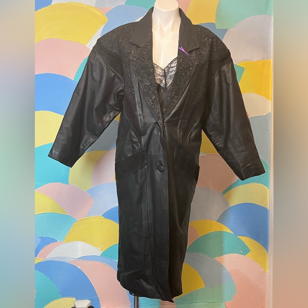 Vintage 80s long leather black trenchcoat with slip lace velvet Paisley pattern